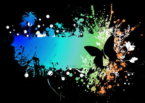 rainbow ink splat background with a butterfly and copyspace