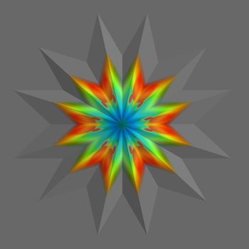 An abstract rainbow colored star on a gray background.