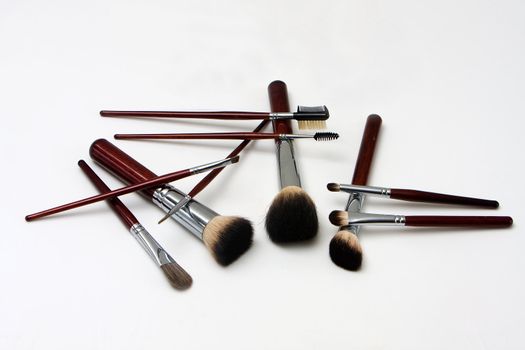 Brown makeup brushes for cheeks, eyes, lips and more, isolated