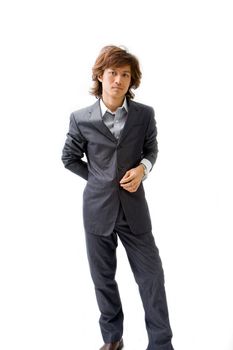 Young Asian business man dressed in a gray pinstripe suit with hand on back and button, isolated