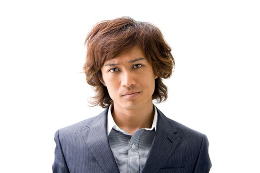 Young Asian business man's face dressed in a gray pinstripe suit , isolated