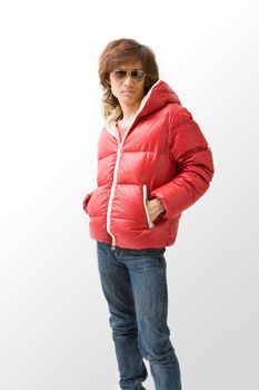 Cool Asian guy wearing a red winter coat and sunglasses, isolated