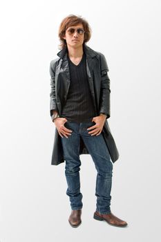 Cool Asian guy wearing sunglasses and leather coat, isolated