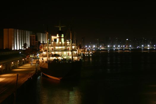 A view of a port at night.