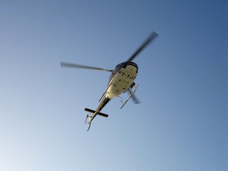 A helicopter in the air.