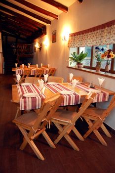 wooden country like interior of restaurant