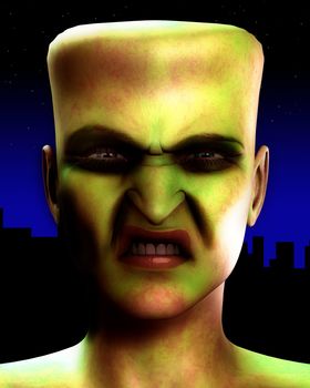 A conceptual Halloween image of Frankenstein's monsters head.
