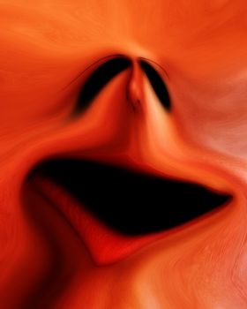 A highly distorted human face that would be suitable for Halloween concepts.