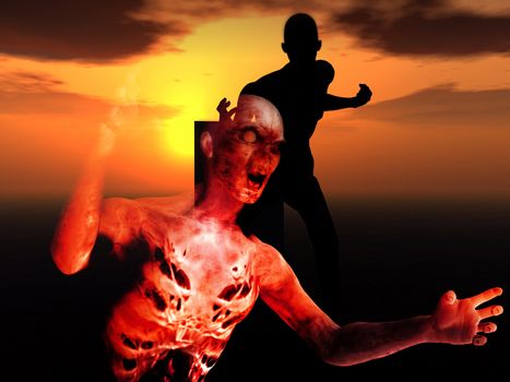 Some zombies with a sunset background.