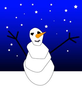 A smiling Christmas snowman in a snow landscape at night.
