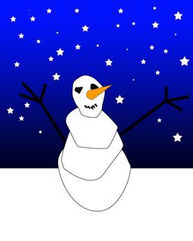 A smiling Christmas snowman in a snow landscape at night.
