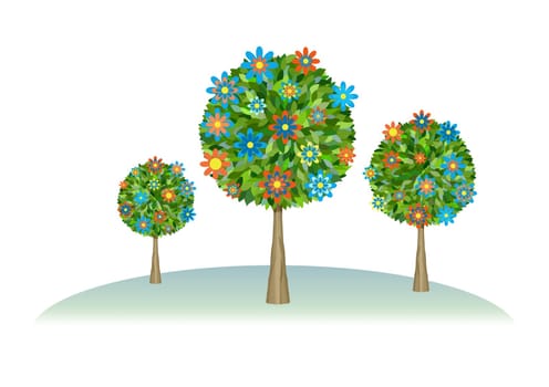 Illustration of three retro flower trees over a white background