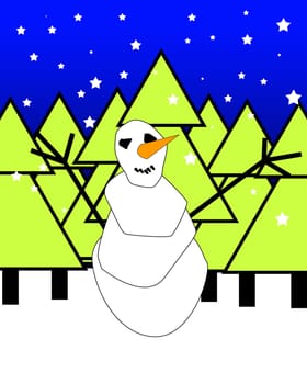 A smiling Christmas snowman in a snow landscape at night.
