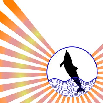silhouette jumping dolphin against colorful radial rays background 