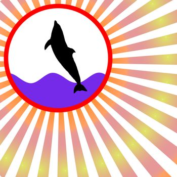 silhouette jumping dolphin against colorful radial rays background 