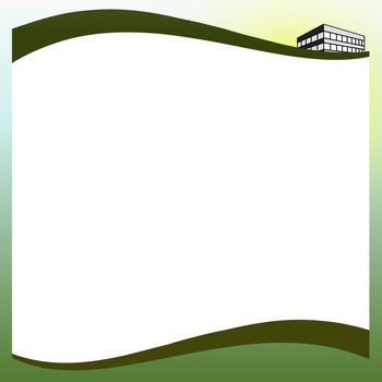 Illustrated web page with a building in the upper right corner