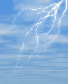 lightning against blue sky covered with fluffy clouds