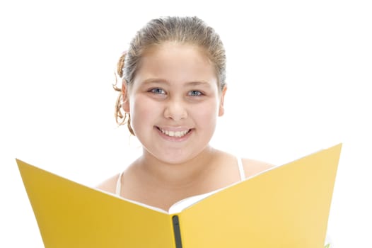 smiling girl with book on an isolated background