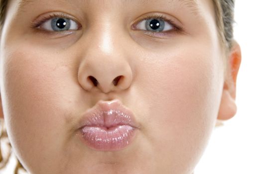 girl making pout mouth on an isolated white background