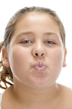 young girl making pout mouth with white background