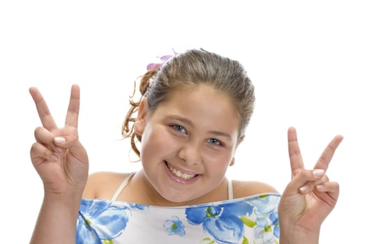 girl showing winning sign with white background