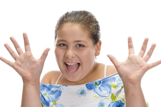 surprised happy girl against white background