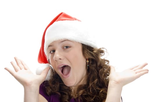 female with santa cap against white background