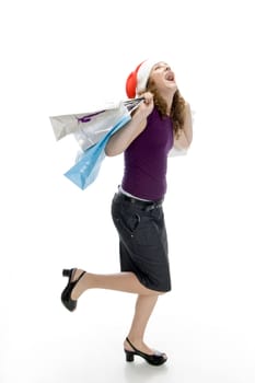 cheerful lady holding carry bags with white background