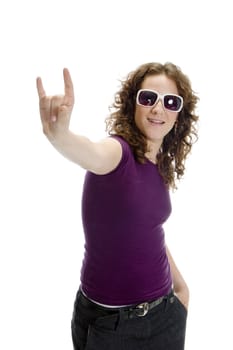 young lady showing hand gesture on an isolated background