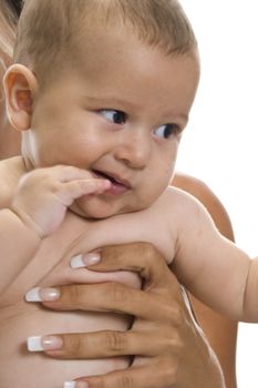 cute baby sucking his fingers on an isolated white background