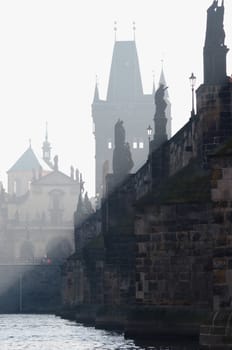 Charles bridge - oldest preserved Prague bridge, founded by Charles IV in 1357. It was built after the Petr Parler´s design in the High Gothic style. Its construction finished in 1402. The length is 515 m, the width 10 m. Prague, Czech republic, Europe.