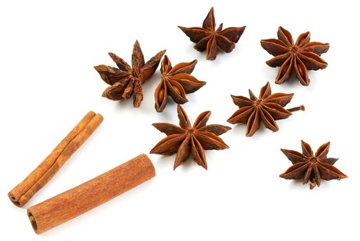 Star anise and cinnamon sticks, on a white background