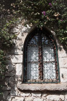 An old window surrounded by greenery and flowers