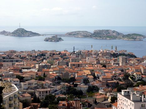 View of Marseilles with its red roofs and Frioul islands, France