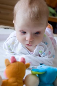 Baby lying on its belly and looking on toy