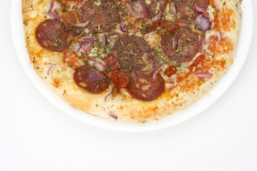 pizza on a plate on white background