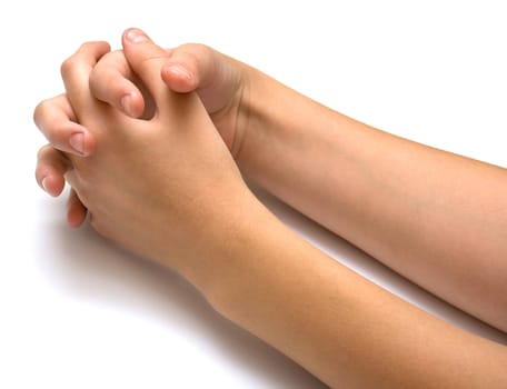 Two female hands on a white background. Isolation.