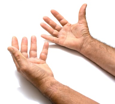 Two male hands on a white background. Isolation
