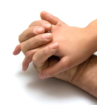 Hand of the girl in a hand of the father. Isolation on a white background