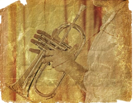 Image of the music background with jivey trumpeter in grunge style