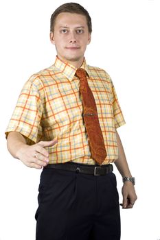 Young, elegant European businessman, wearing suit, shirt and tie. Smiling friendly.