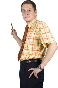 Young, elegant European businessman, wearing suit, shirt and tie. Smiling friendly. Pointing on the whiteboard