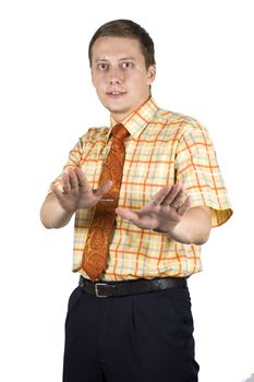 Young, elegant European businessman, wearing suit, shirt and tie. Smiling friendly. Showing "No Way!"