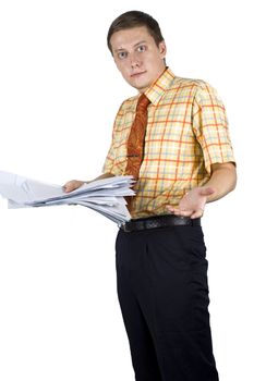 Young, elegant European businessman, wearing suit, shirt and tie. Smiling friendly. Holding documents