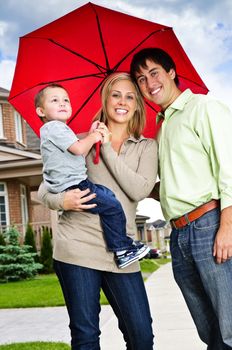 Young happy family under umbrella on sidewalk