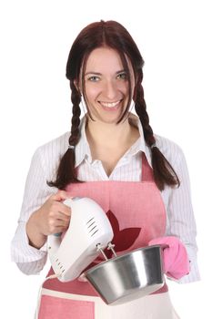 beautiful housewife preparing with kitchen mixer on white  background