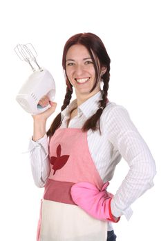beautiful housewife with electric beater on white background