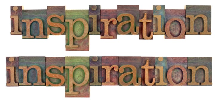 the word of inspiration - two layouts of vintage wooden letterpress type blocks, stained by colorful inks, isolated on white