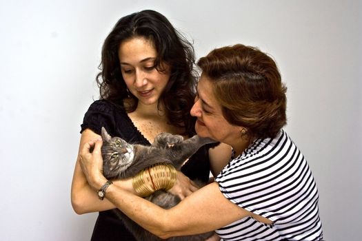 Two women holding a gray cat as if it's a baby.