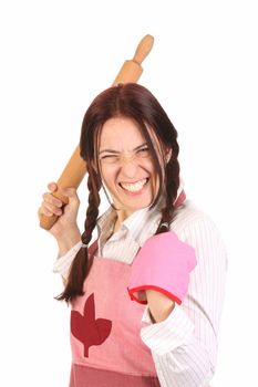 mad housewife with a rolling pin on white background